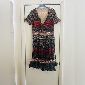 Vtg Indian Block Print 100% Cotton Crinkle Festival Hipoie midi tie back dress S